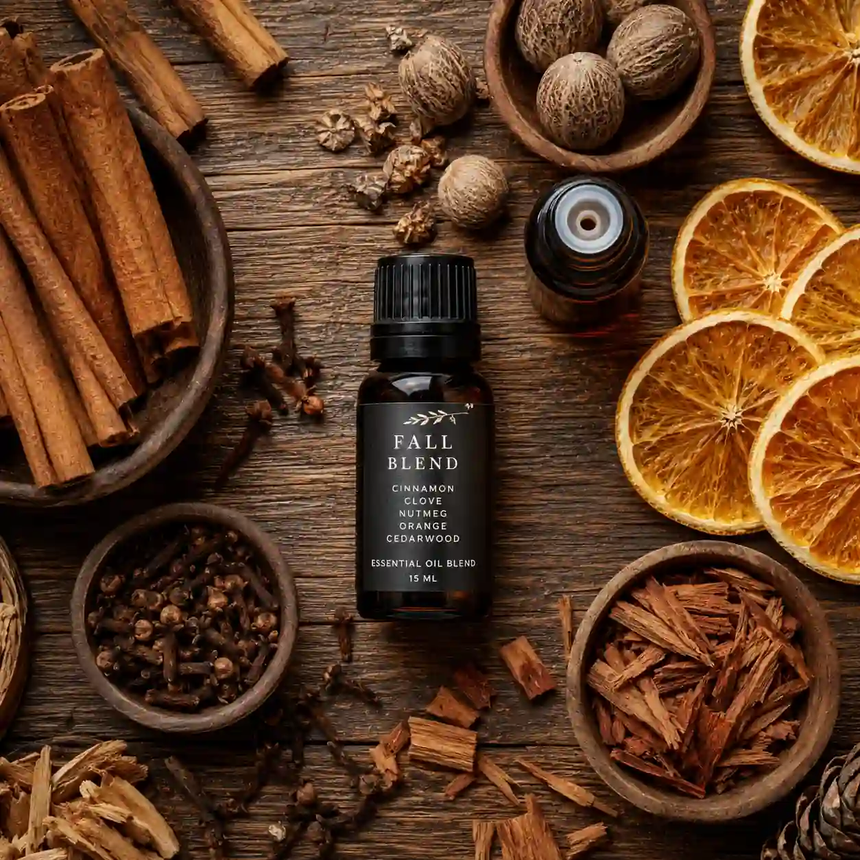 Fall essential oil blend ingredients including cinnamon, cloves, nutmeg, cedarwood, and dried orange slices.