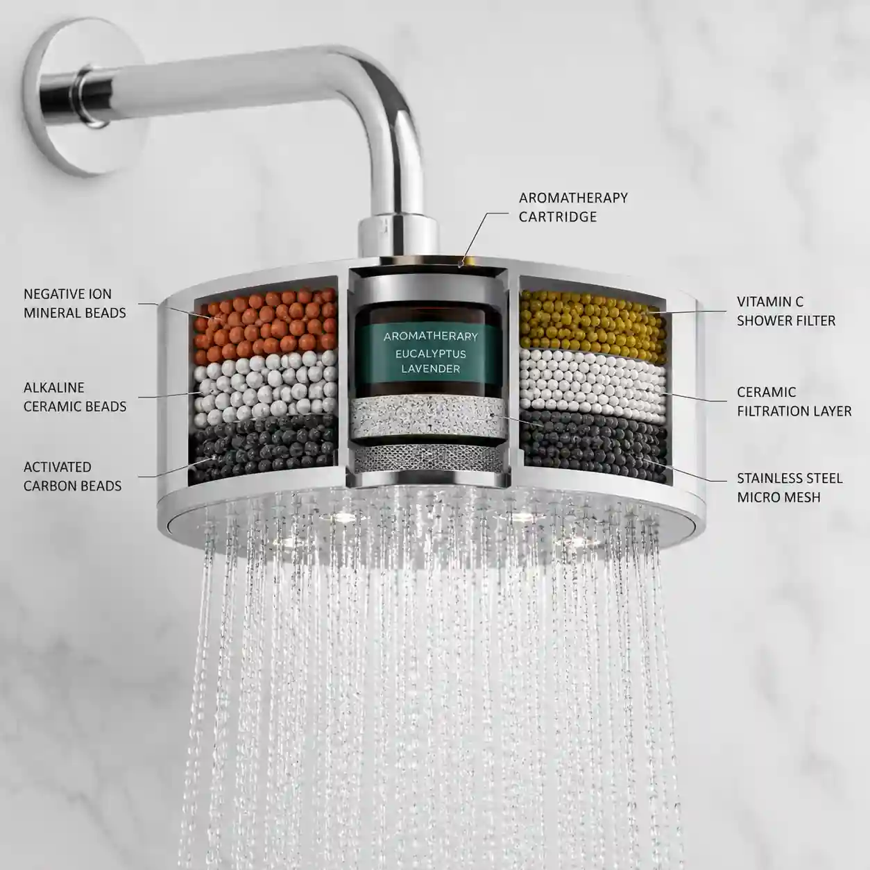 Filtered aromatherapy shower head with mineral bead filtration system for enhanced water quality