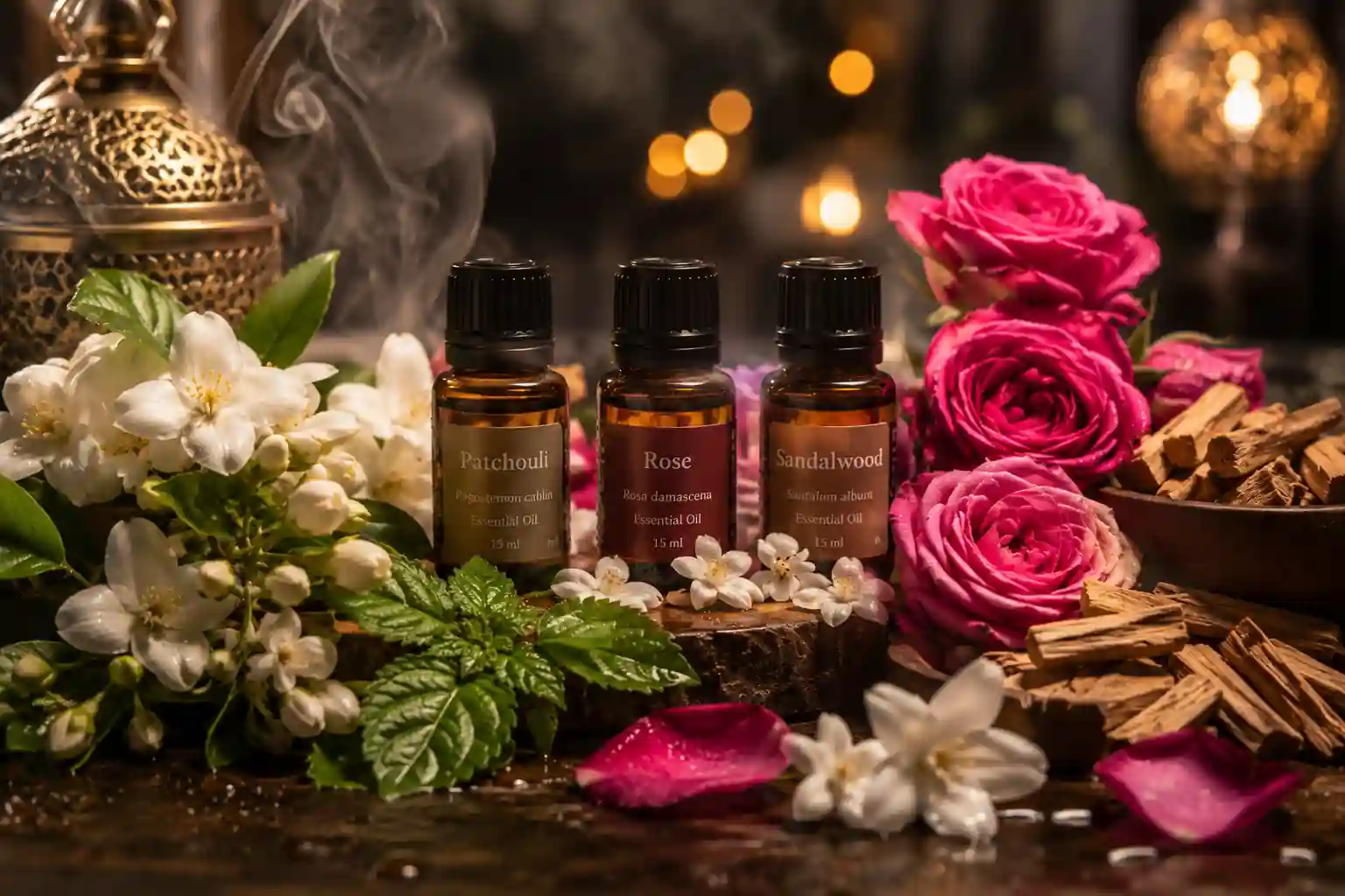 Rose flowers, jasmine blossoms, sandalwood pieces, and essential oil bottles used in aphrodisiac aromatherapy blends.