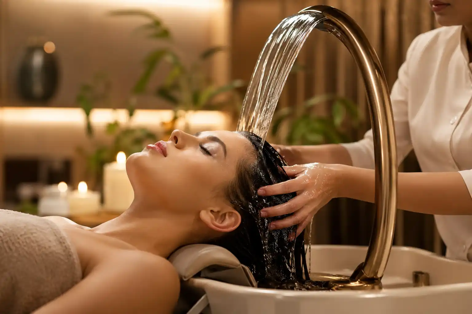 Luxury head spa bed treatment with scalp massage, waterfall therapy, and deep relaxation experience