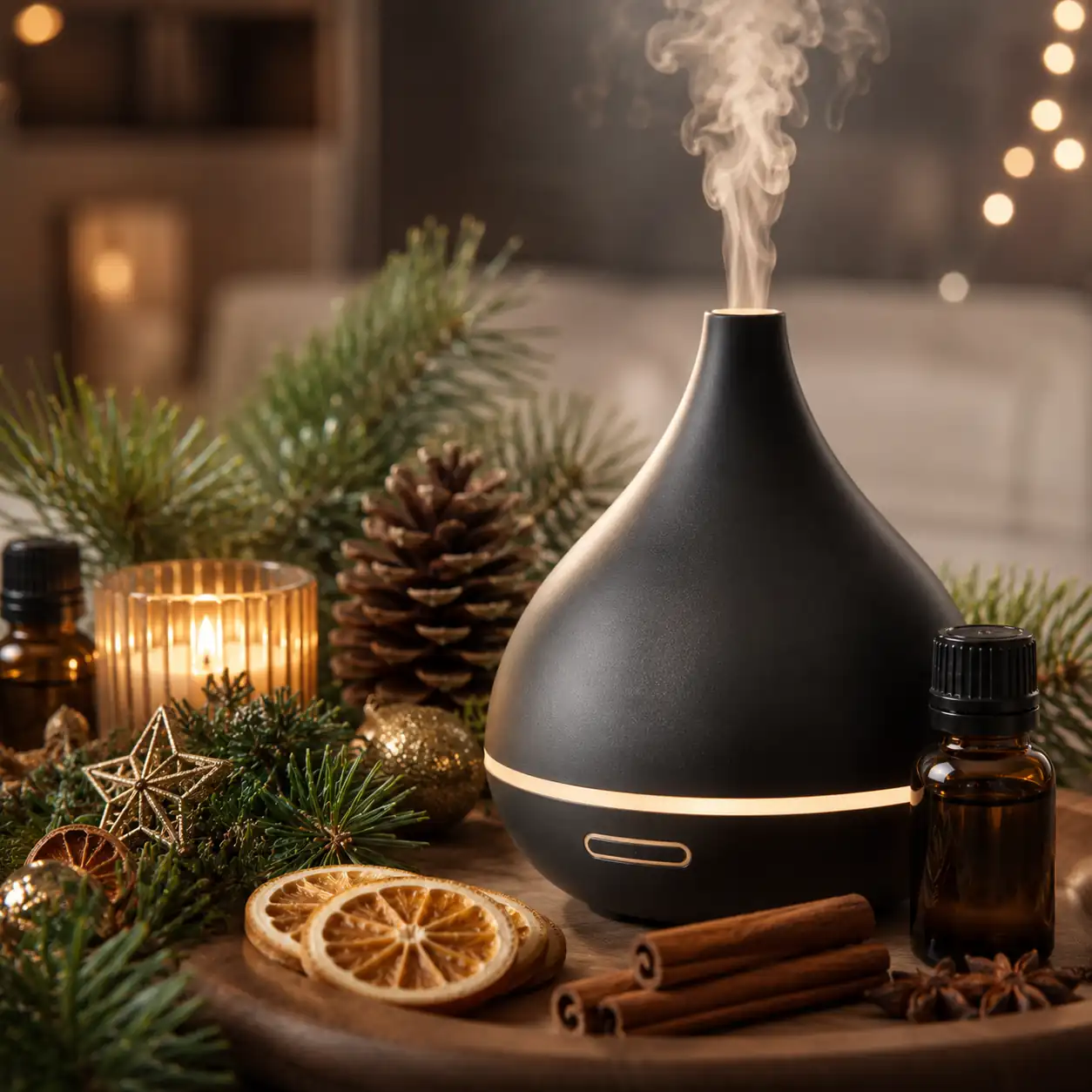 Holiday essential oil diffuser releasing aromatic mist beside festive decorations and essential oil bottles.