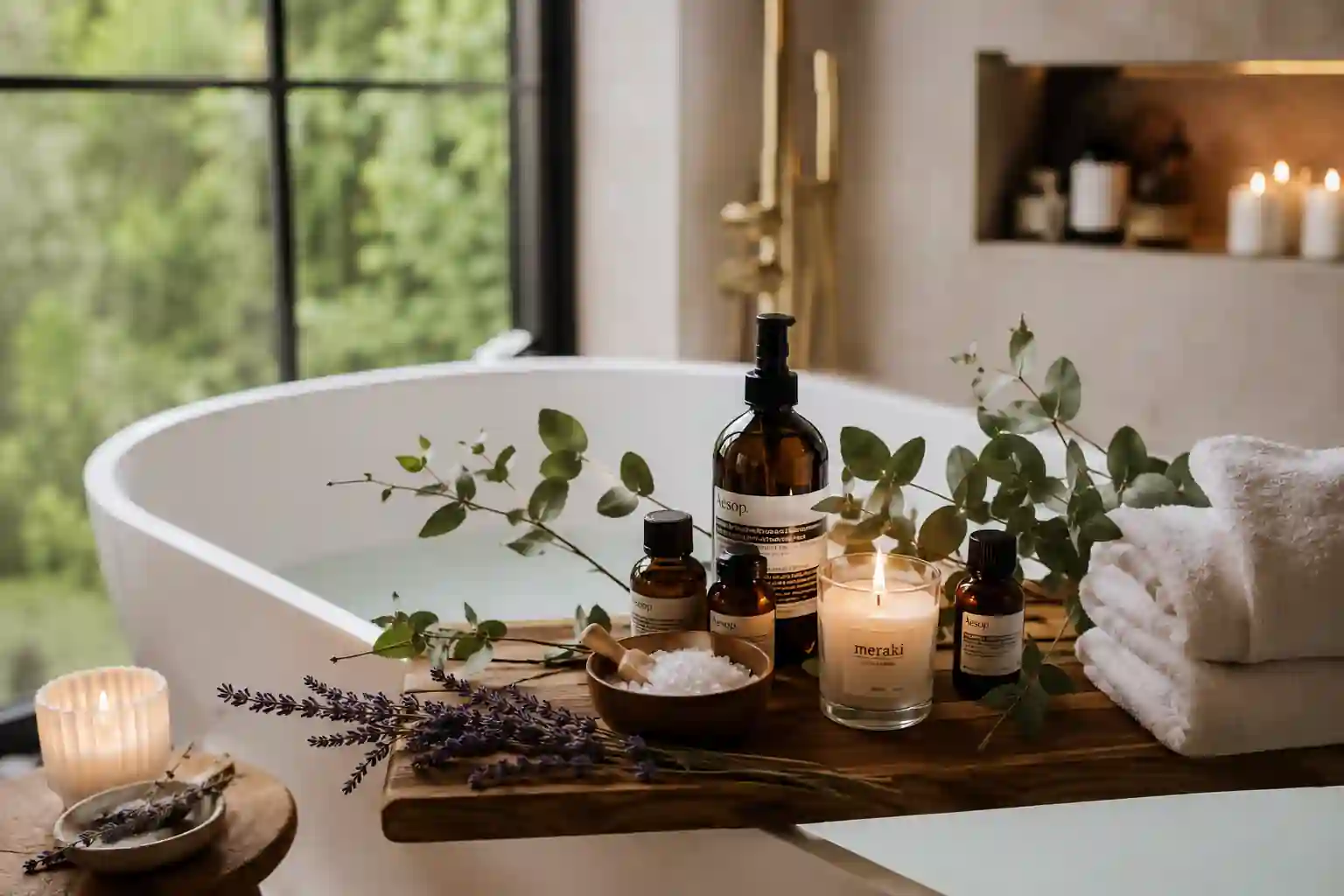Bath tray with essential oils candles and towels creating a luxury home spa atmosphere