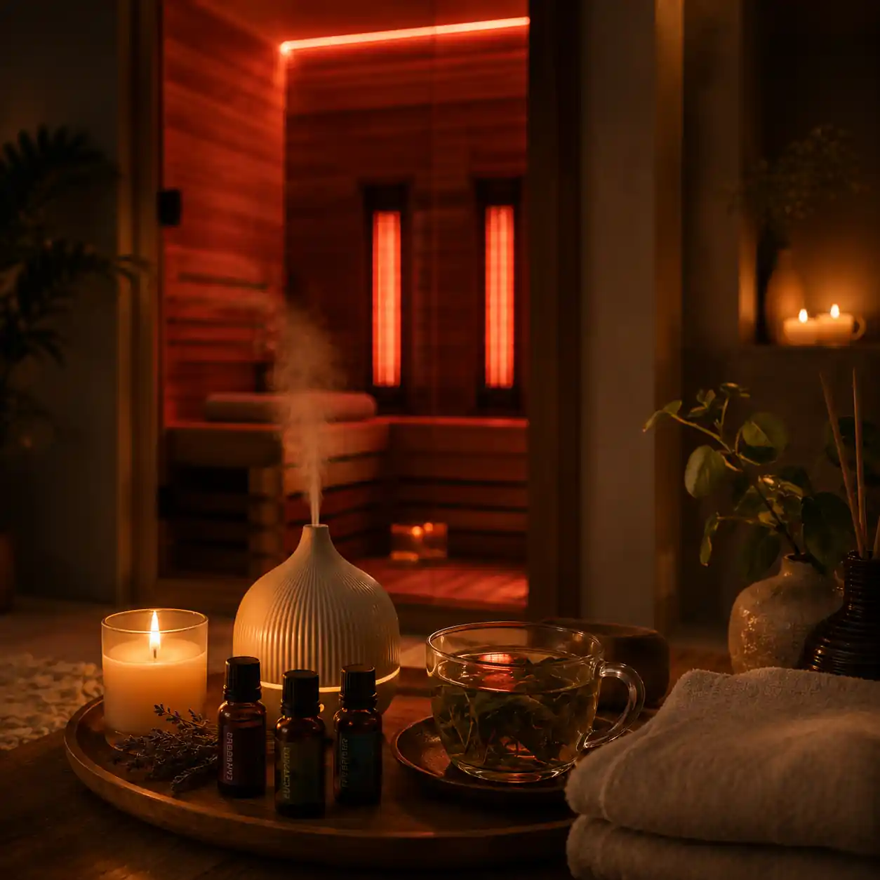 Steam sauna environment with high humidity supporting skin hydration and relaxation