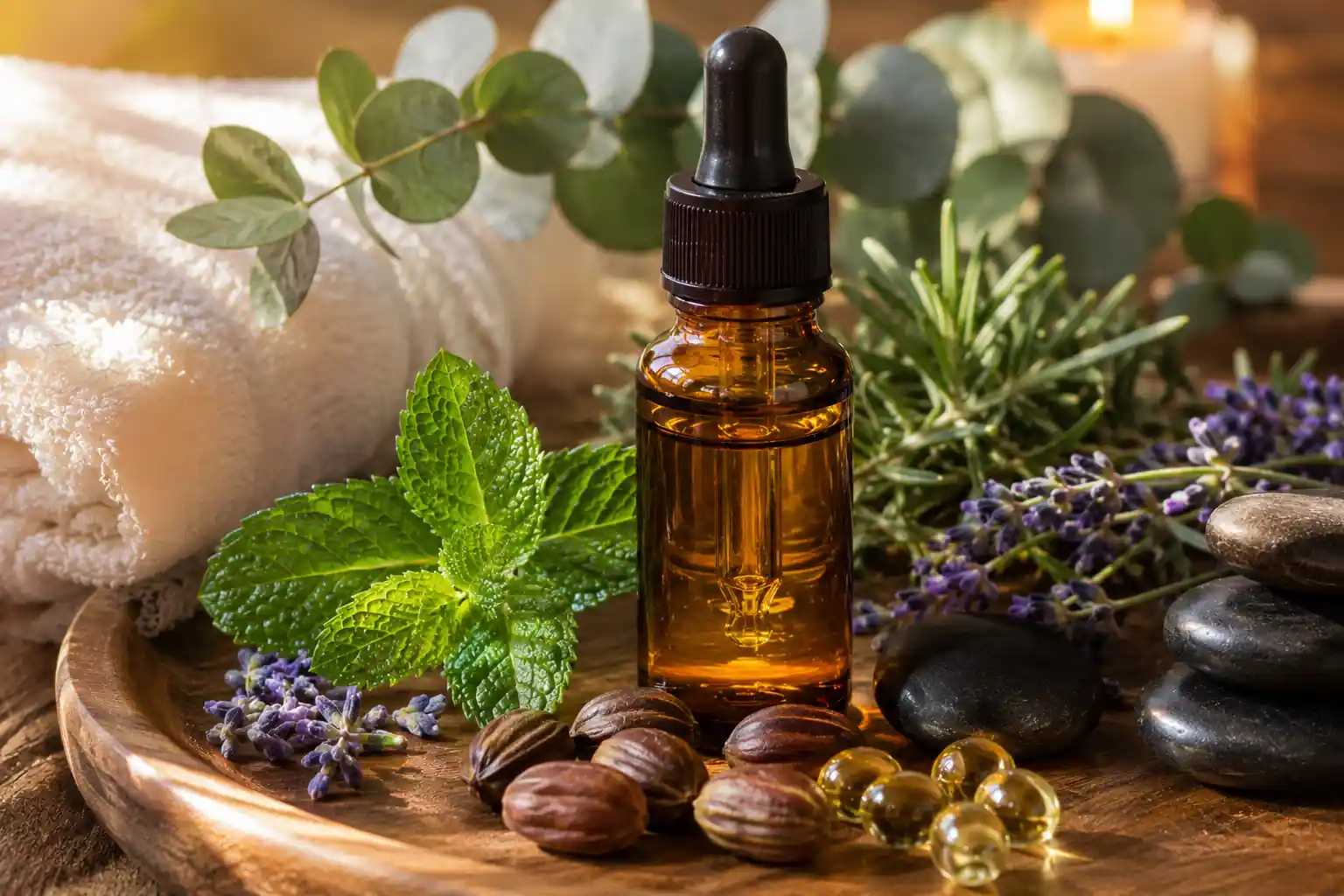 Homemade muscle pain relief essential oil blend in an amber glass bottle with botanical ingredients on a wooden tray.