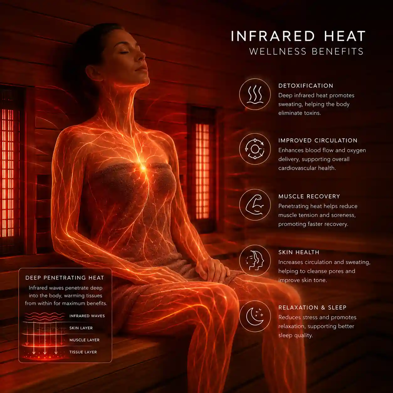 Wellness enthusiast enjoying heat therapy benefits in a modern sauna setting