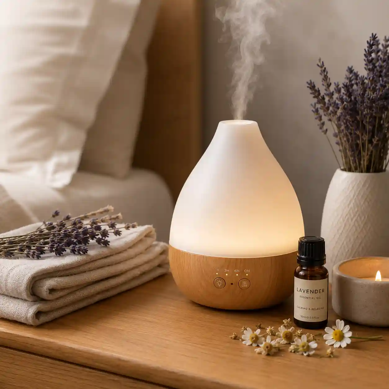 Modern aromatherapy diffuser with essential oils creating a relaxing wellness atmosphere at home