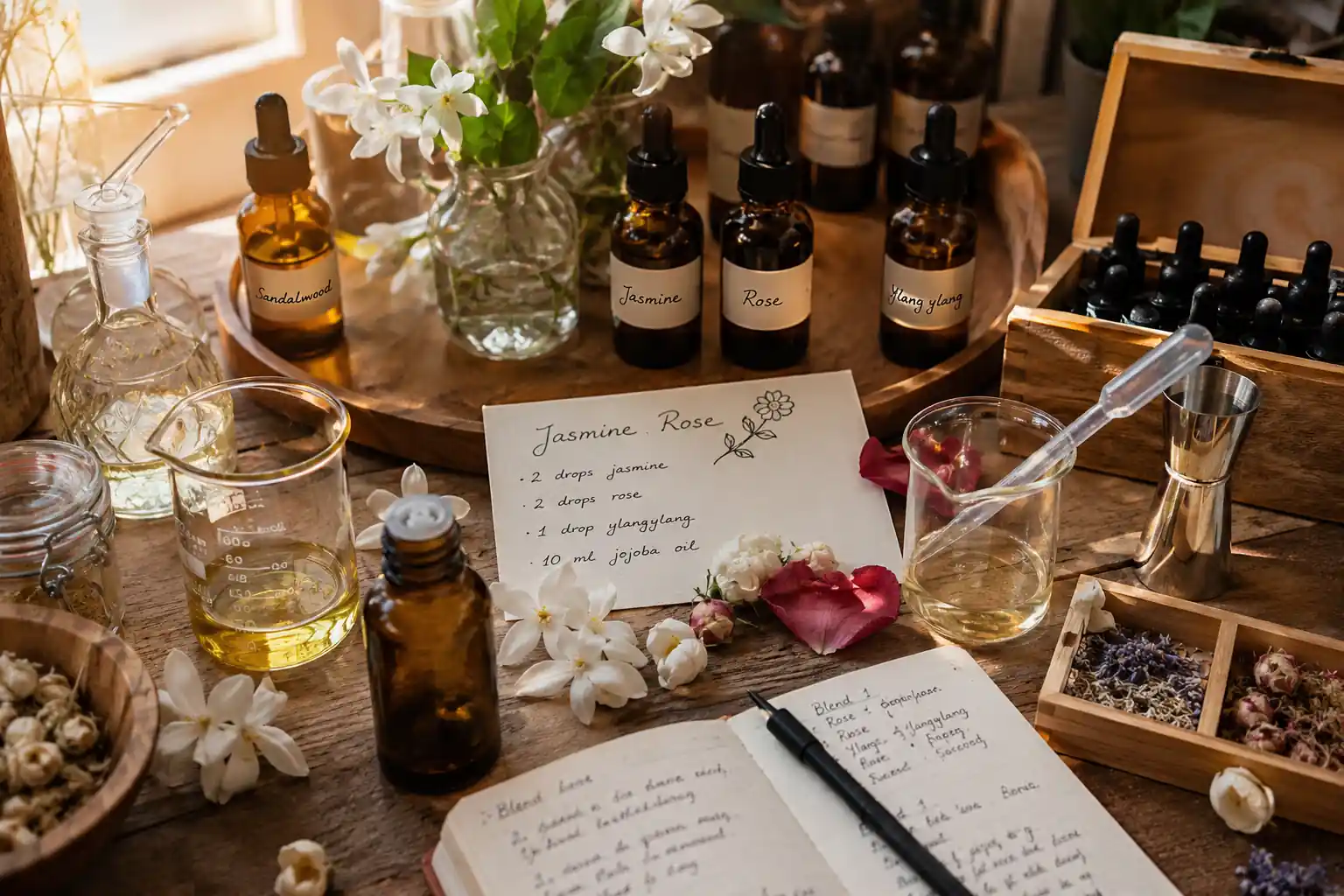 DIY essential oil blending station with amber bottles, droppers, flowers, and ingredients for creating a custom romantic blend.