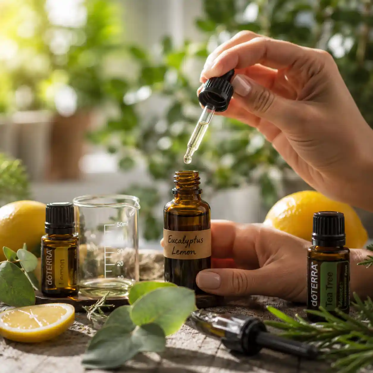 Lemon, tea tree, eucalyptus, rosemary, frankincense, and clove essential oils arranged for immunity blend recipes.