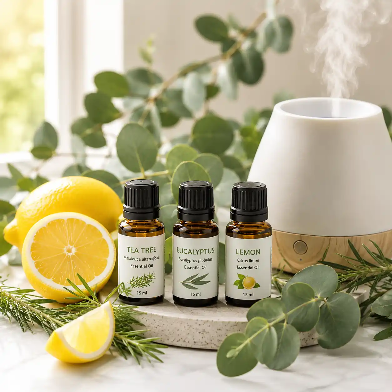 Immunity essential oil blend recipe with tea tree, eucalyptus, and lemon oils beside a diffuser and fresh botanicals