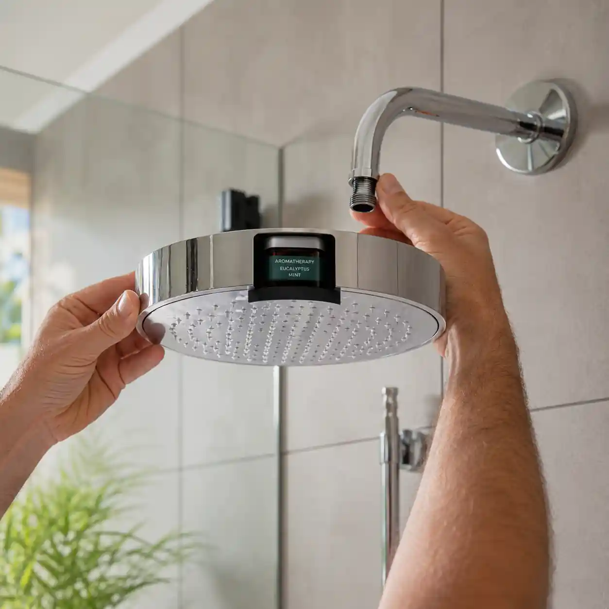 Modern aromatherapy shower head installation in a bathroom with easy universal fitting