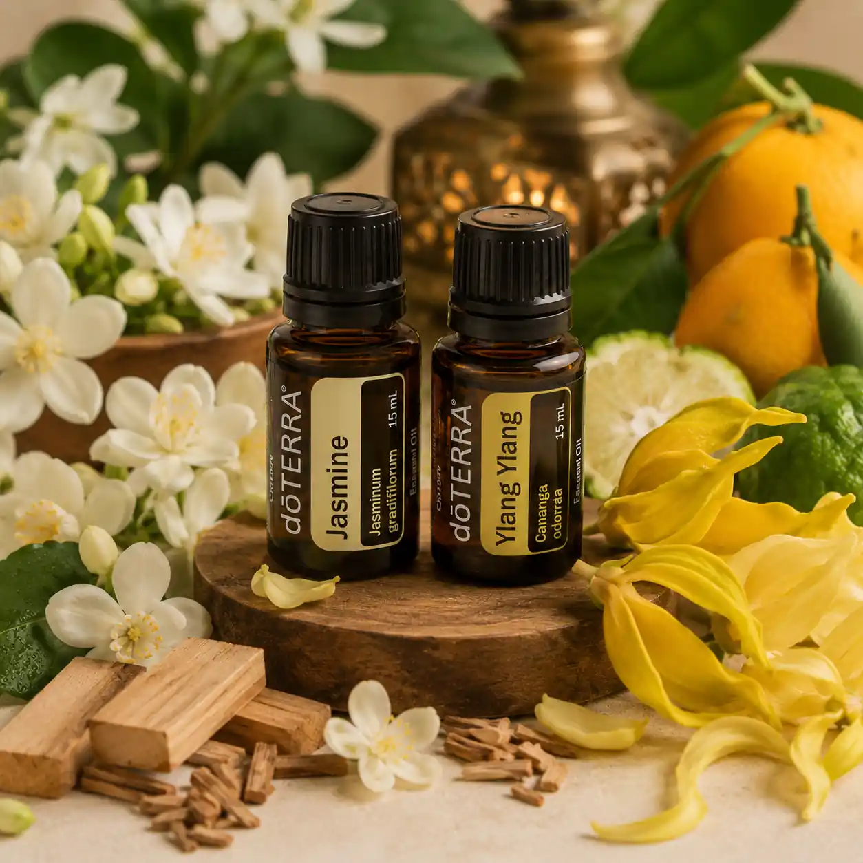 Jasmine and ylang ylang essential oils combined with sandalwood and citrus oils for floral blends.