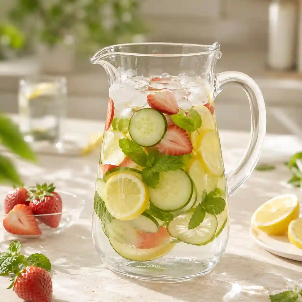 Glass of Korean glow water with lemon cucumber and fresh mint for daily hydration