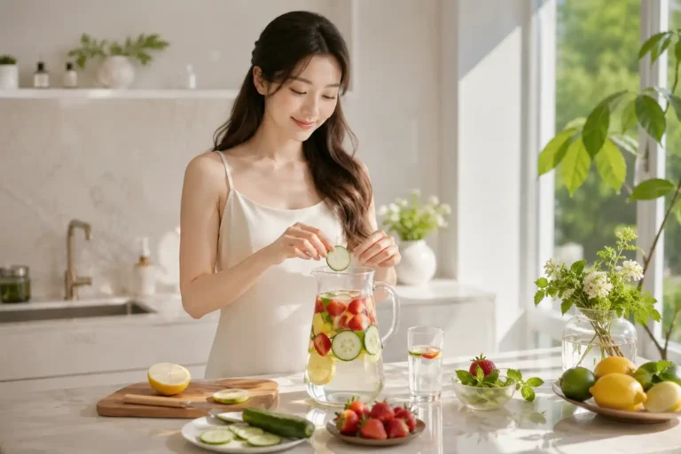 Preparing Korean glow water recipe using fresh fruits herbs and filtered water