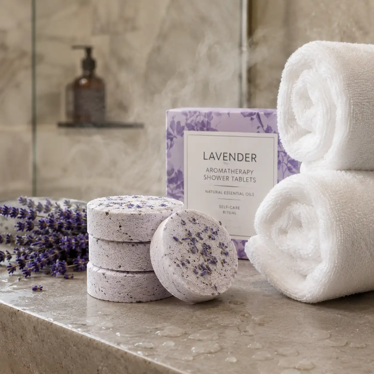 Lavender shower bomb designed for relaxation stress relief and evening self-care routines