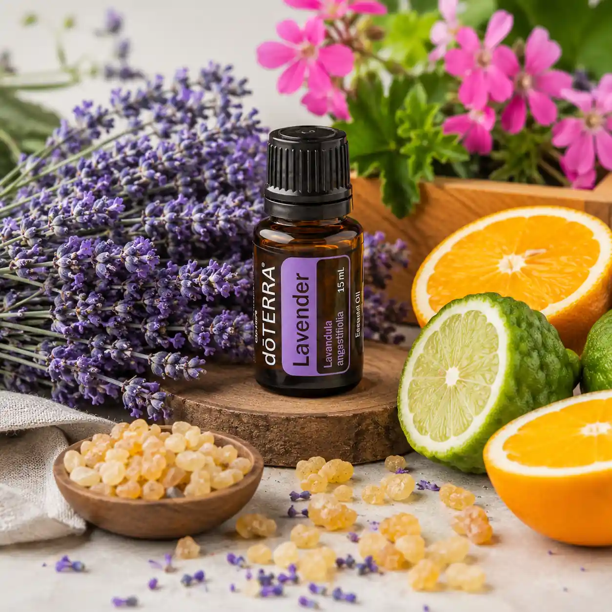 Lavender essential oil displayed with complementary oils commonly used in relaxing and uplifting blends.