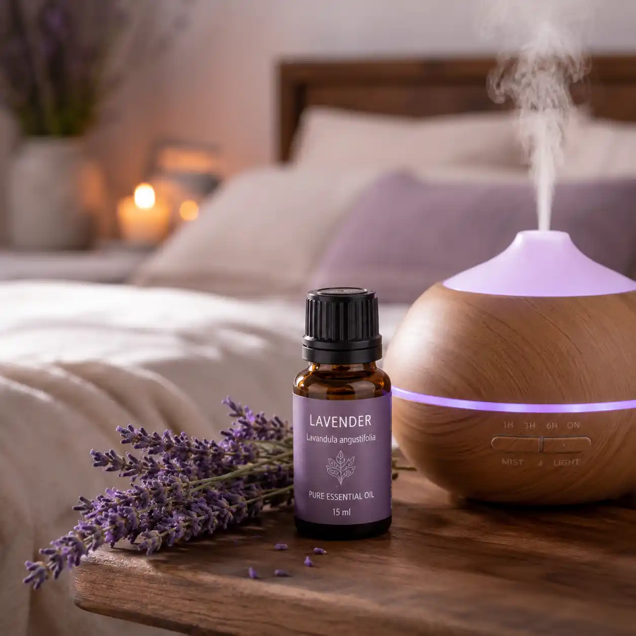 Essential oils arranged beside an aromatherapy diffuser for relaxation and stress relief
