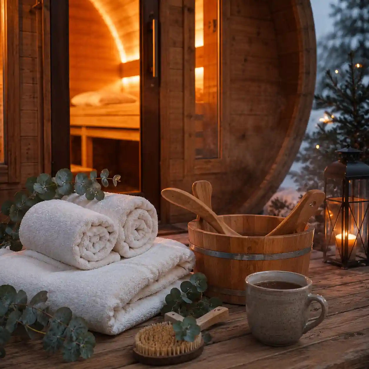 Luxury barrel sauna wellness ritual with towels and eucalyptus