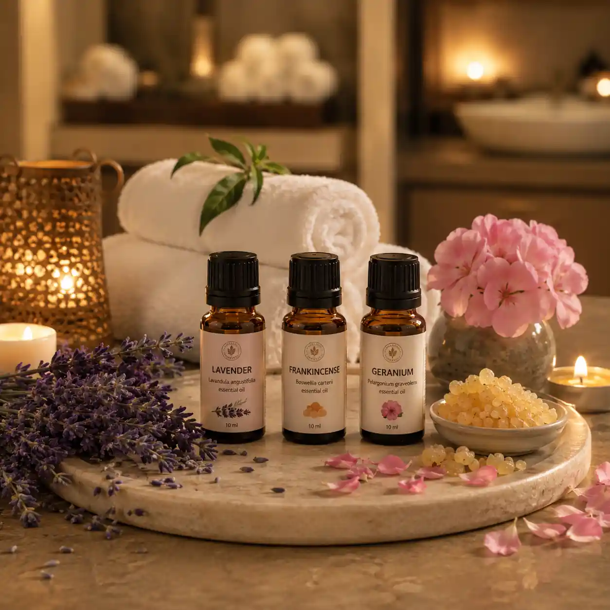 Muscle pain relief essential oil blend featuring peppermint, eucalyptus, and rosemary oils prepared for massage use