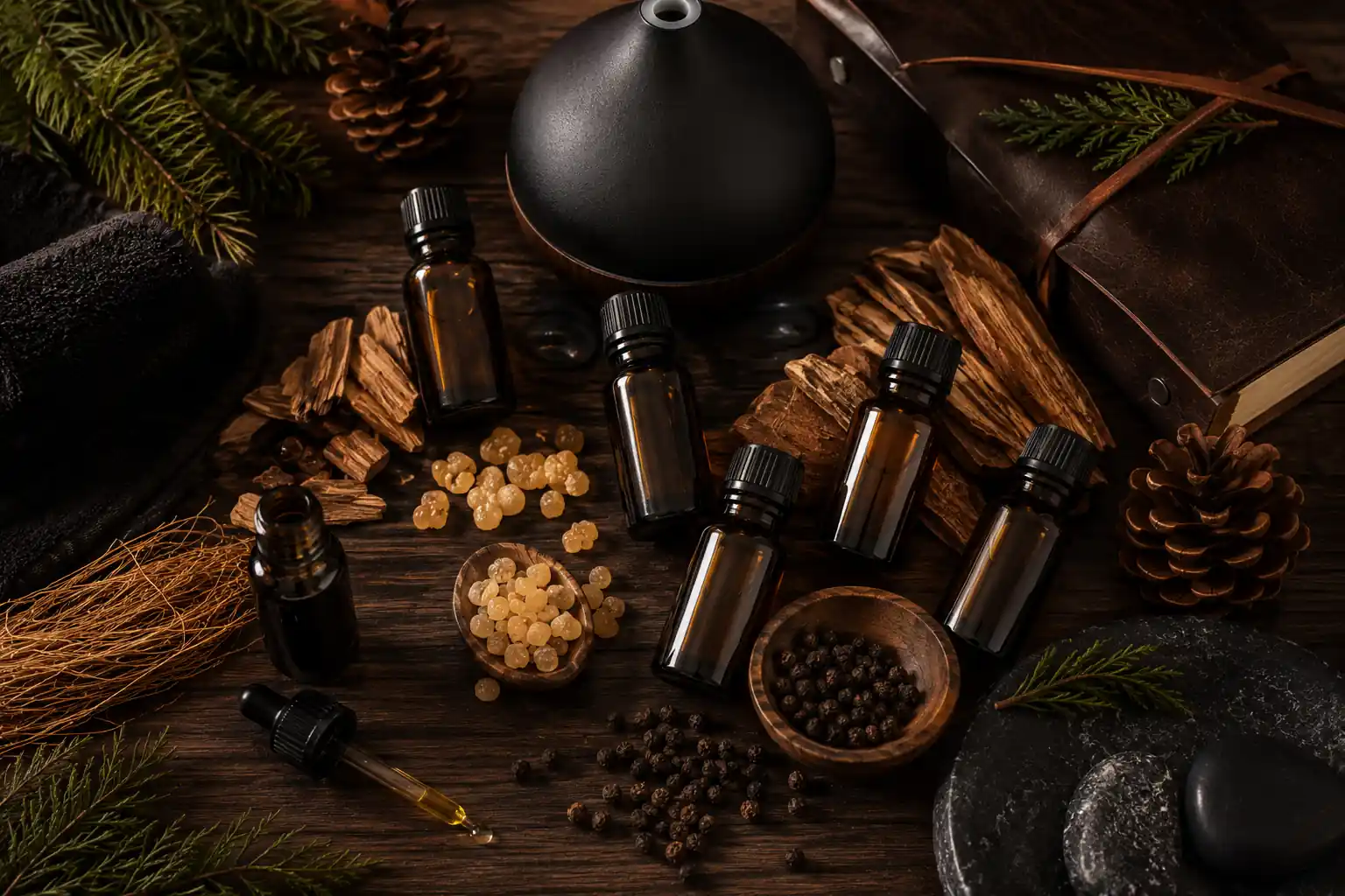 Masculine essential oil blend recipe featuring cedarwood, sandalwood, black pepper, and frankincense for a grounding massage oil.