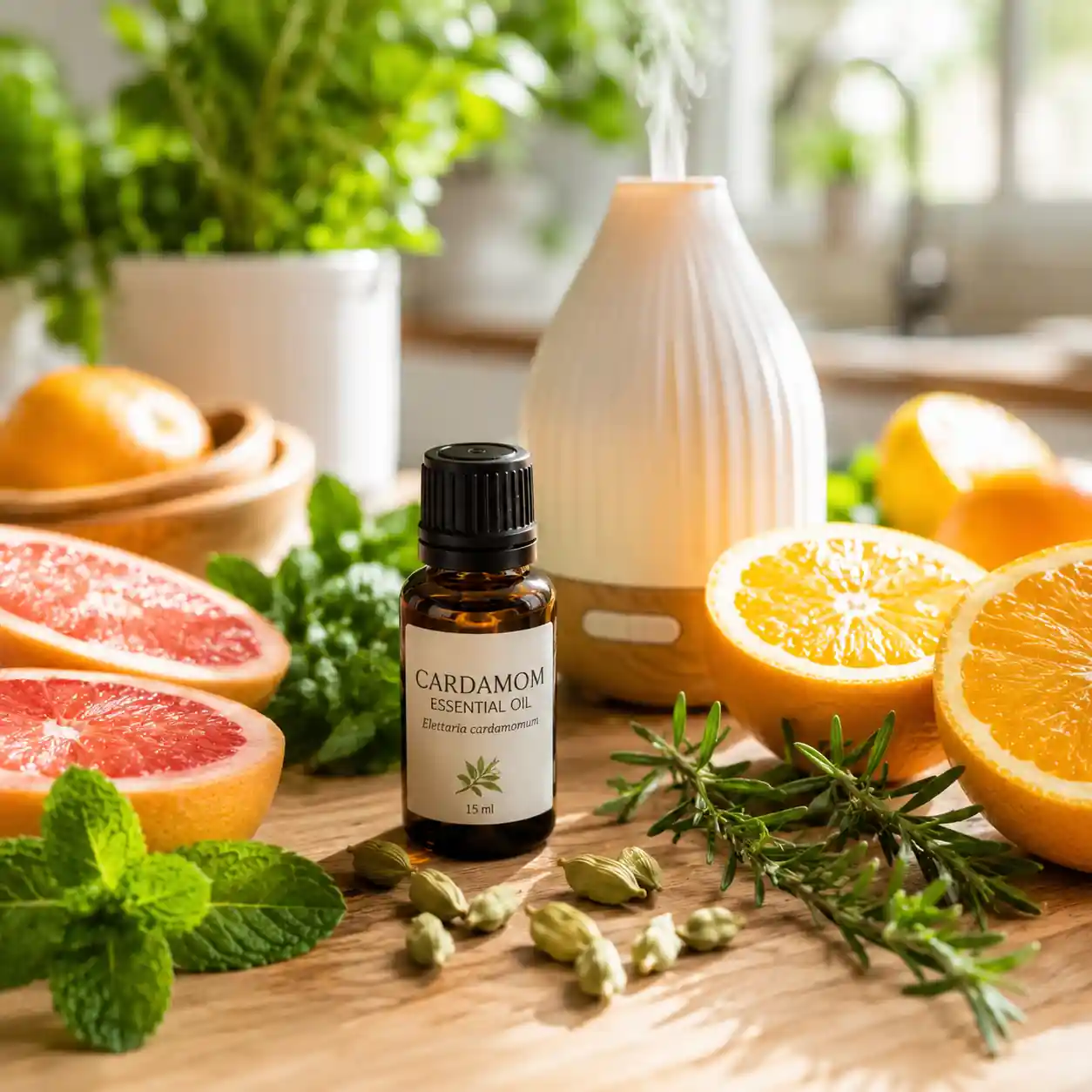 Refreshing cardamom essential oil blend with grapefruit, sweet orange, peppermint, and rosemary for an energizing morning aromatherapy routine.