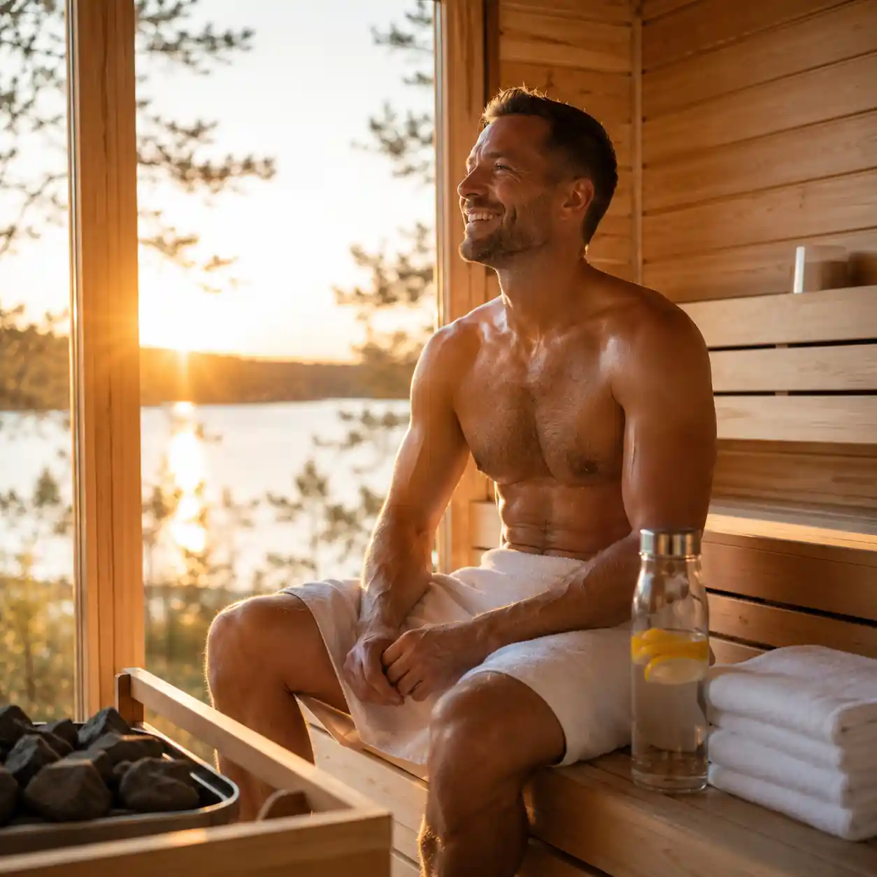 Morning sauna session for energy, focus, circulation, and wellness.