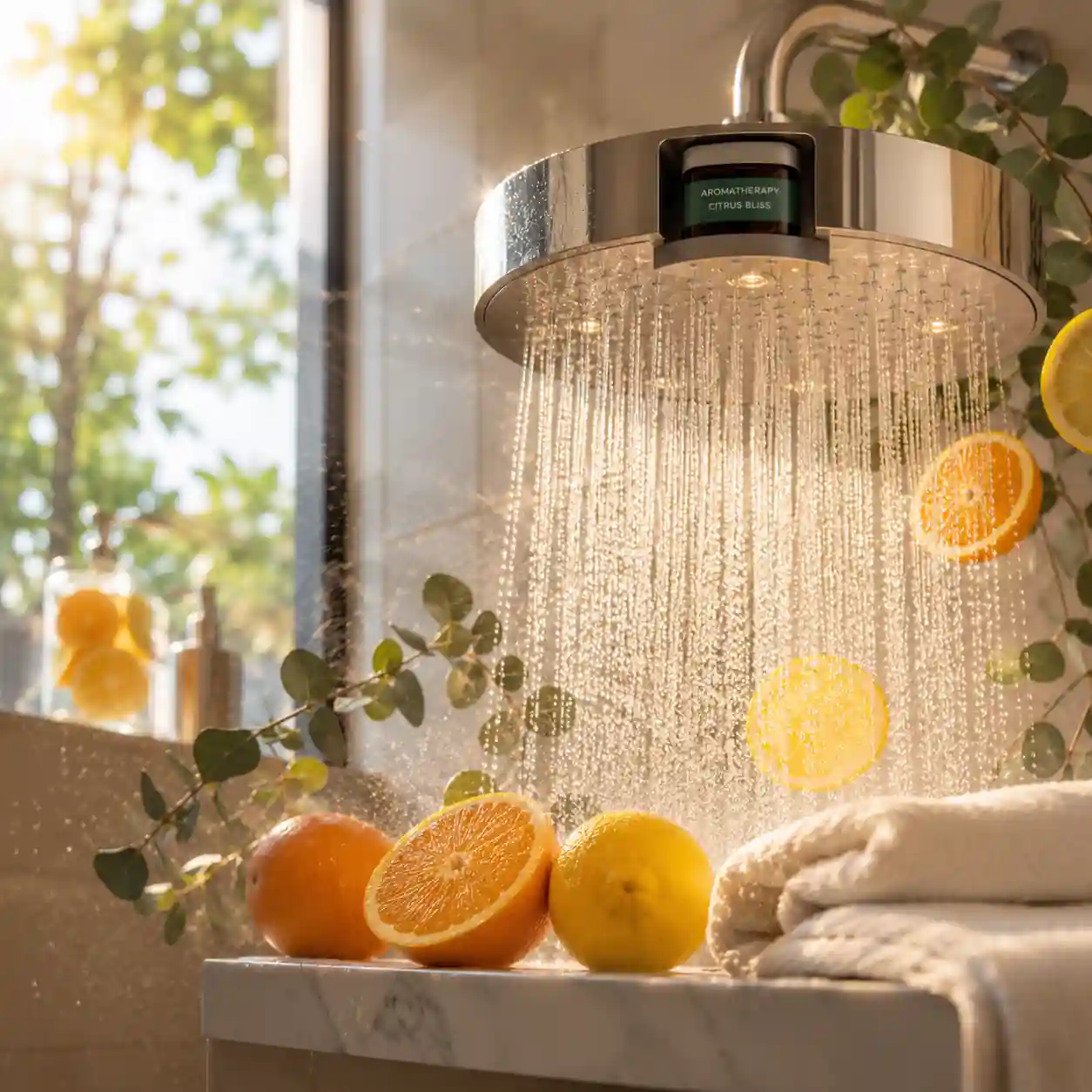 Lemon and sweet orange essential oils creating an uplifting shower aromatherapy routine