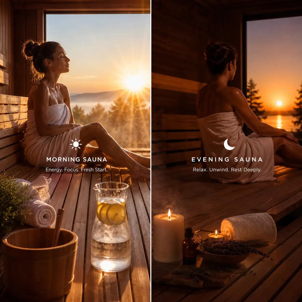 Morning vs evening sauna comparison for energy, recovery, relaxation, and sleep benefits.