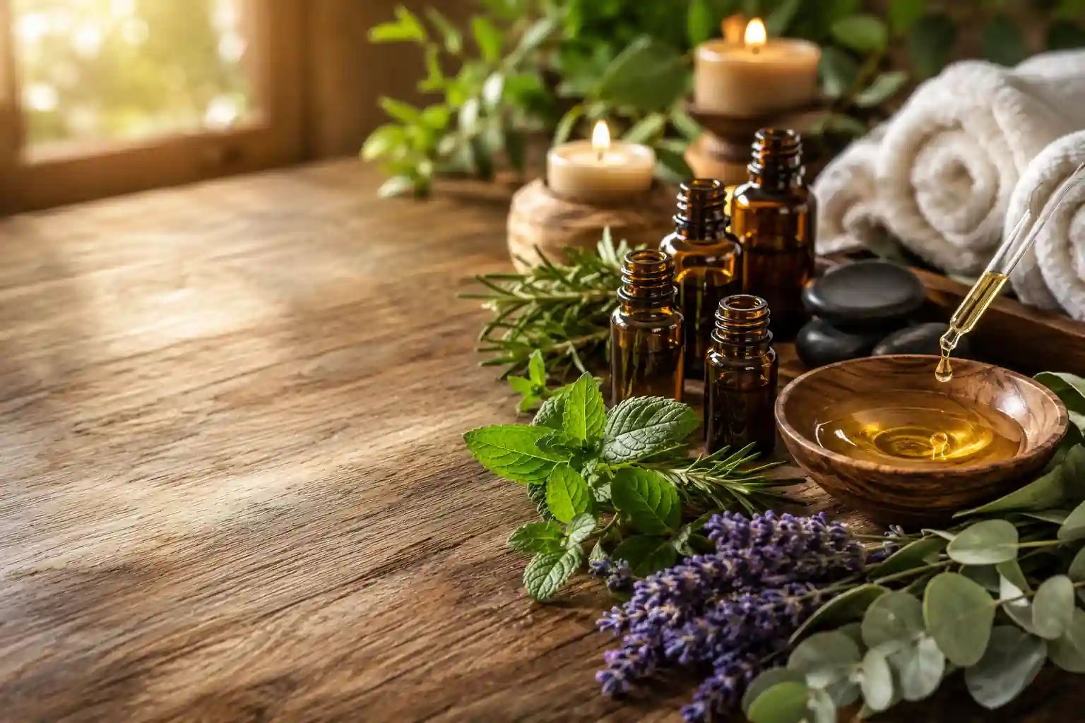 Muscle pain relief essential oil blend recipe with peppermint, lavender, eucalyptus, rosemary, frankincense, and jojoba oil arranged in a relaxing spa setting.