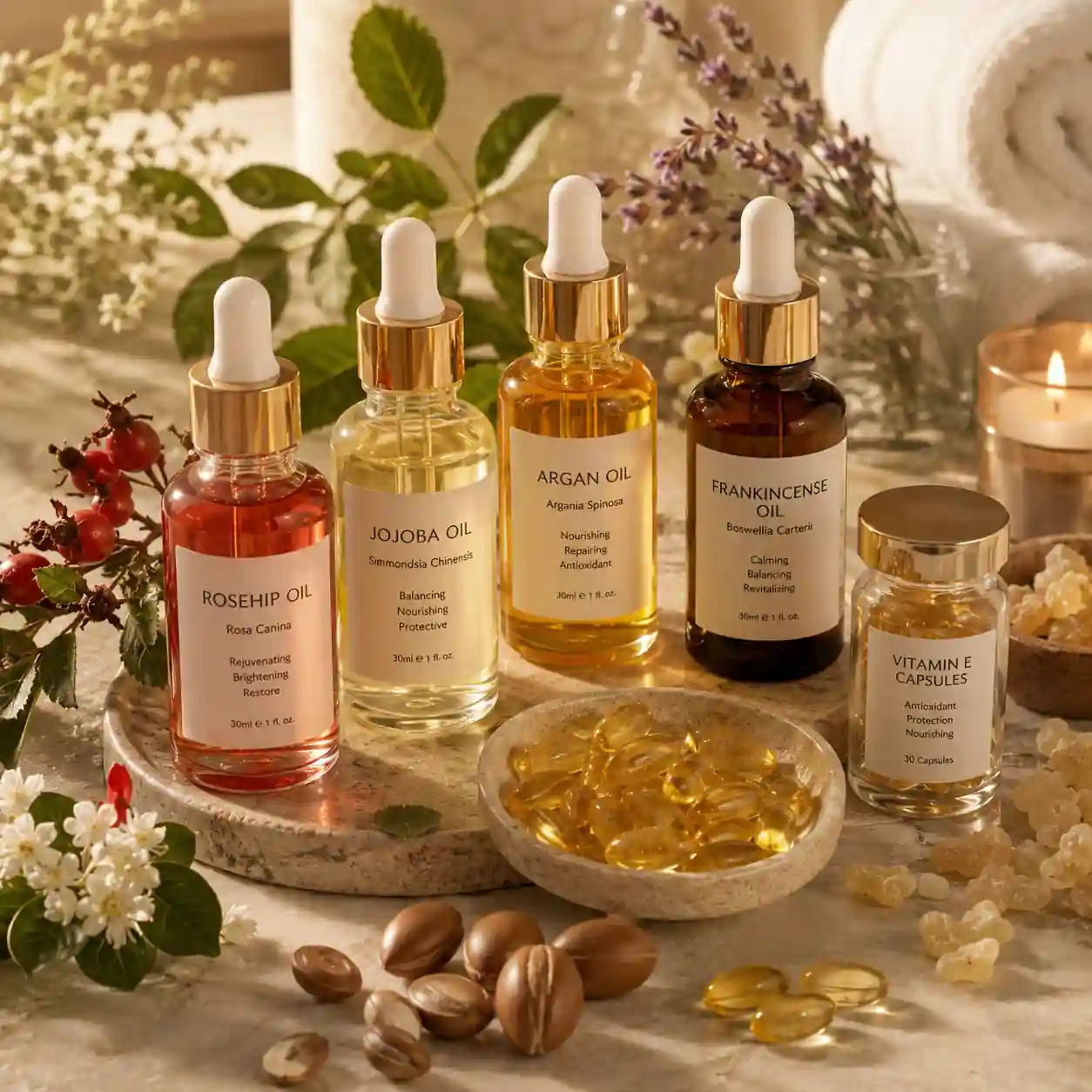 Rosehip oil, jojoba oil, argan oil, frankincense oil, and vitamin E used as natural anti-aging products for skin hydration and wrinkle prevention.