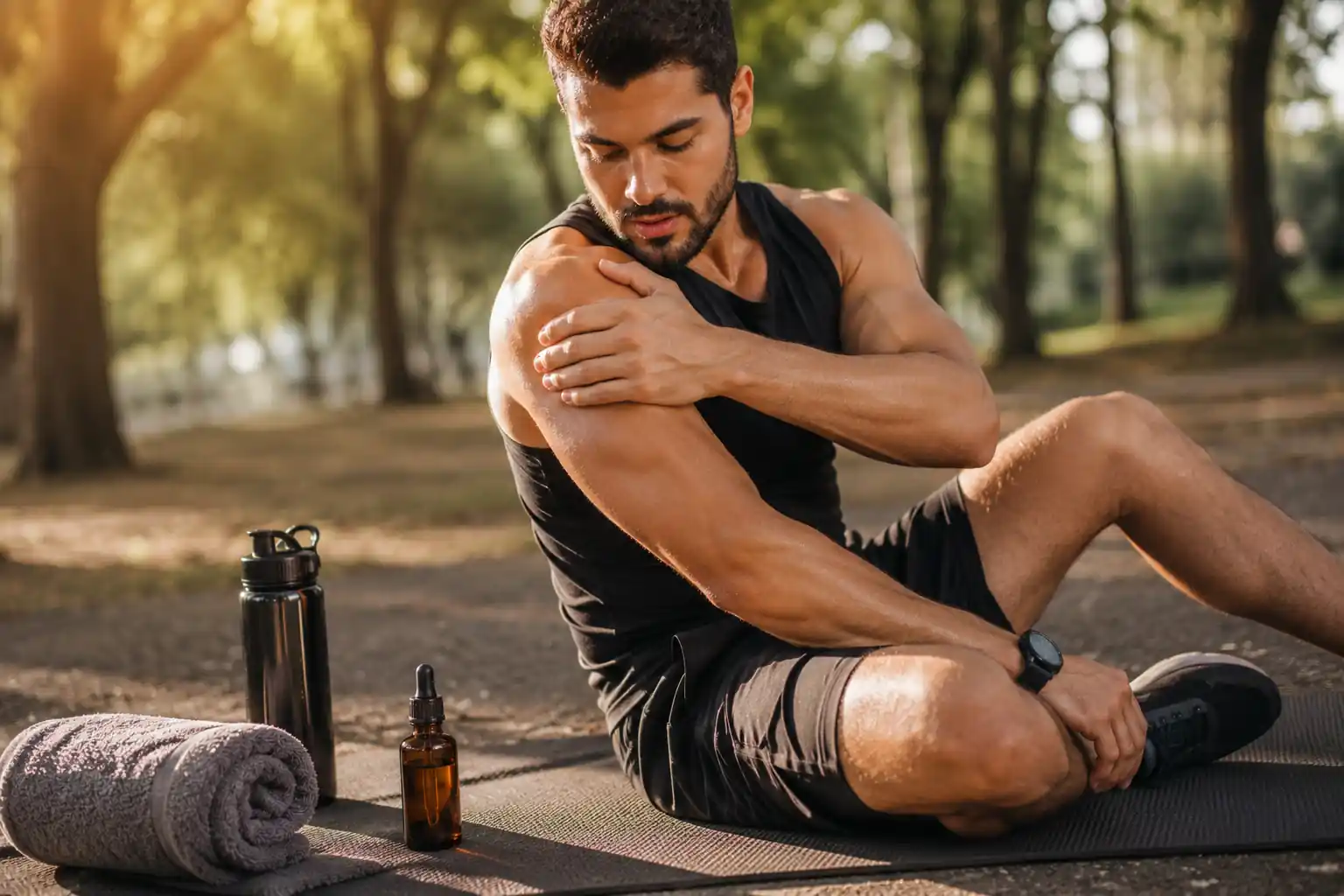 Athlete applying a muscle pain relief essential oil blend after exercise to support relaxation and post-workout recovery.