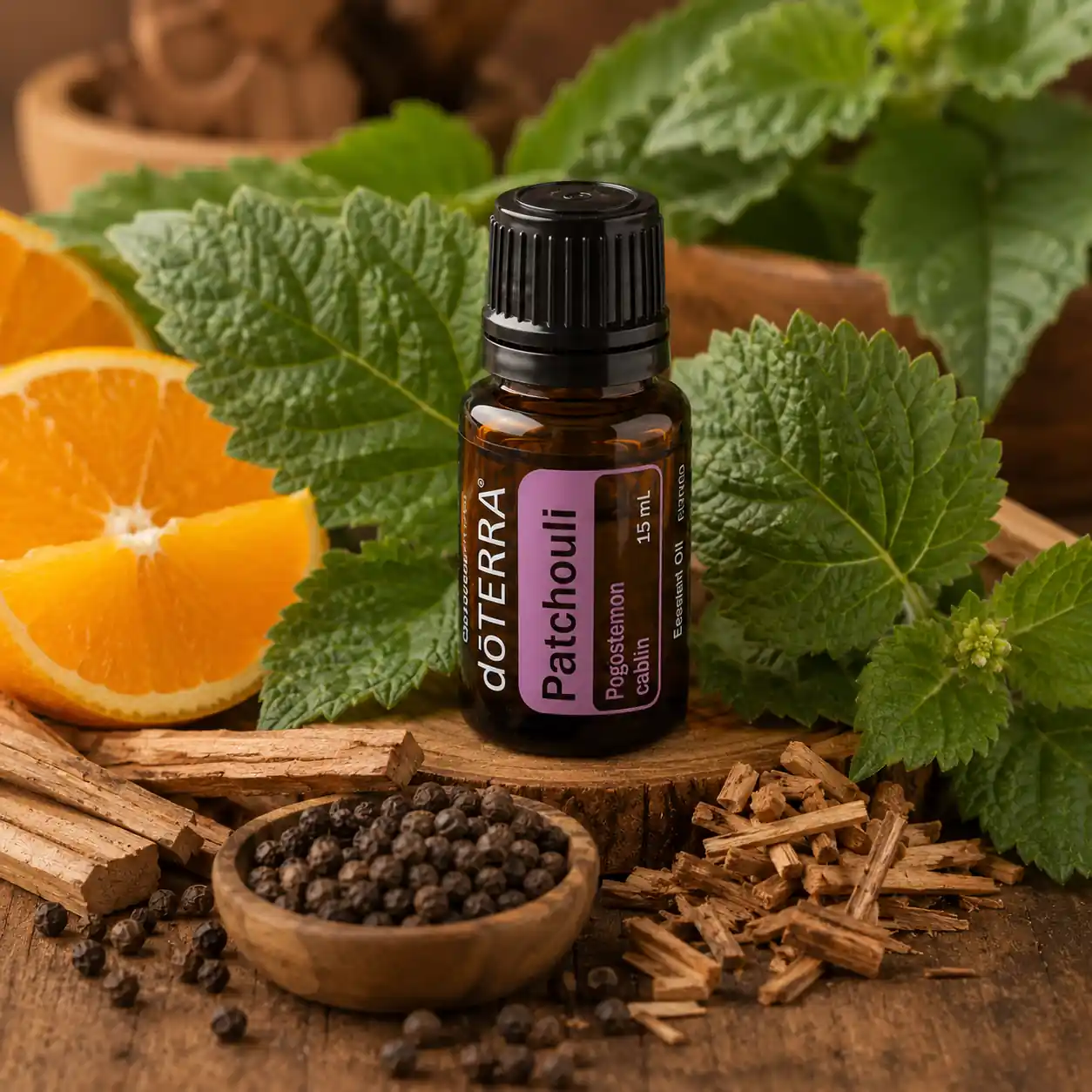 Patchouli essential oil blended with citrus and woody oils for grounding aromatherapy recipes.