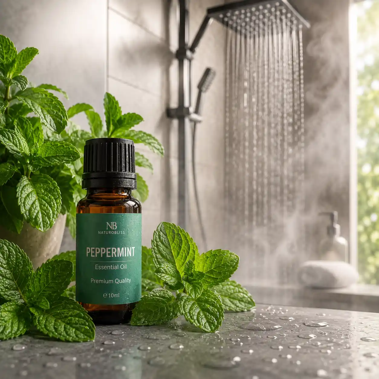 Peppermint essential oil releasing a cooling aroma in a warm shower environment