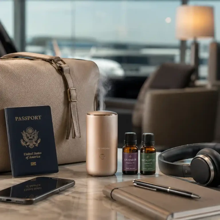 Portable aromatherapy diffuser designed for travel work and personal wellness routines