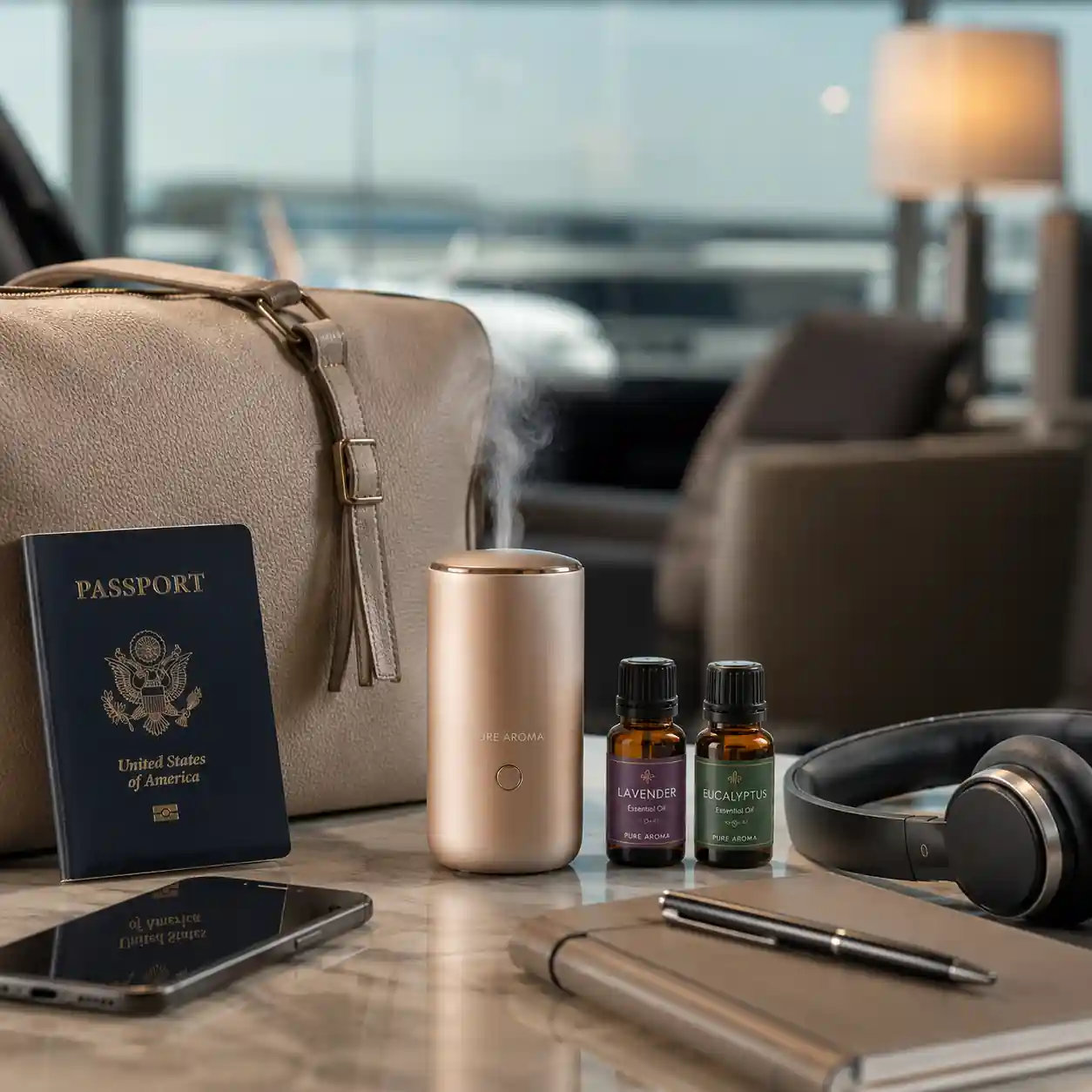 Portable aromatherapy diffuser designed for travel work and personal wellness routines