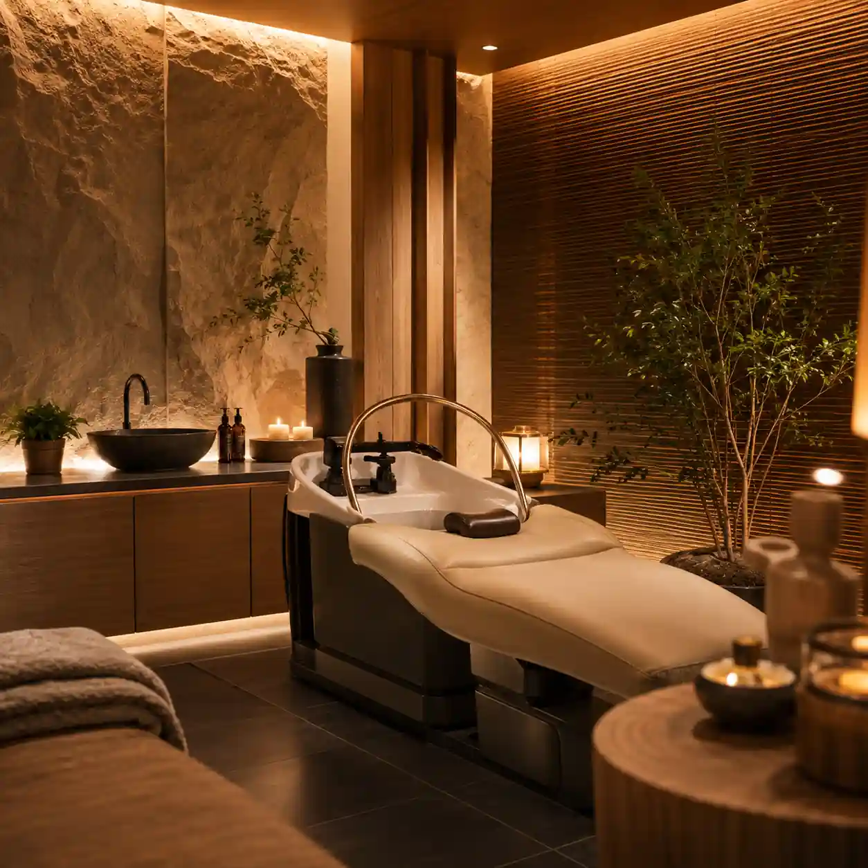 Modern wellness center with a premium head spa bed designed for scalp care and relaxation