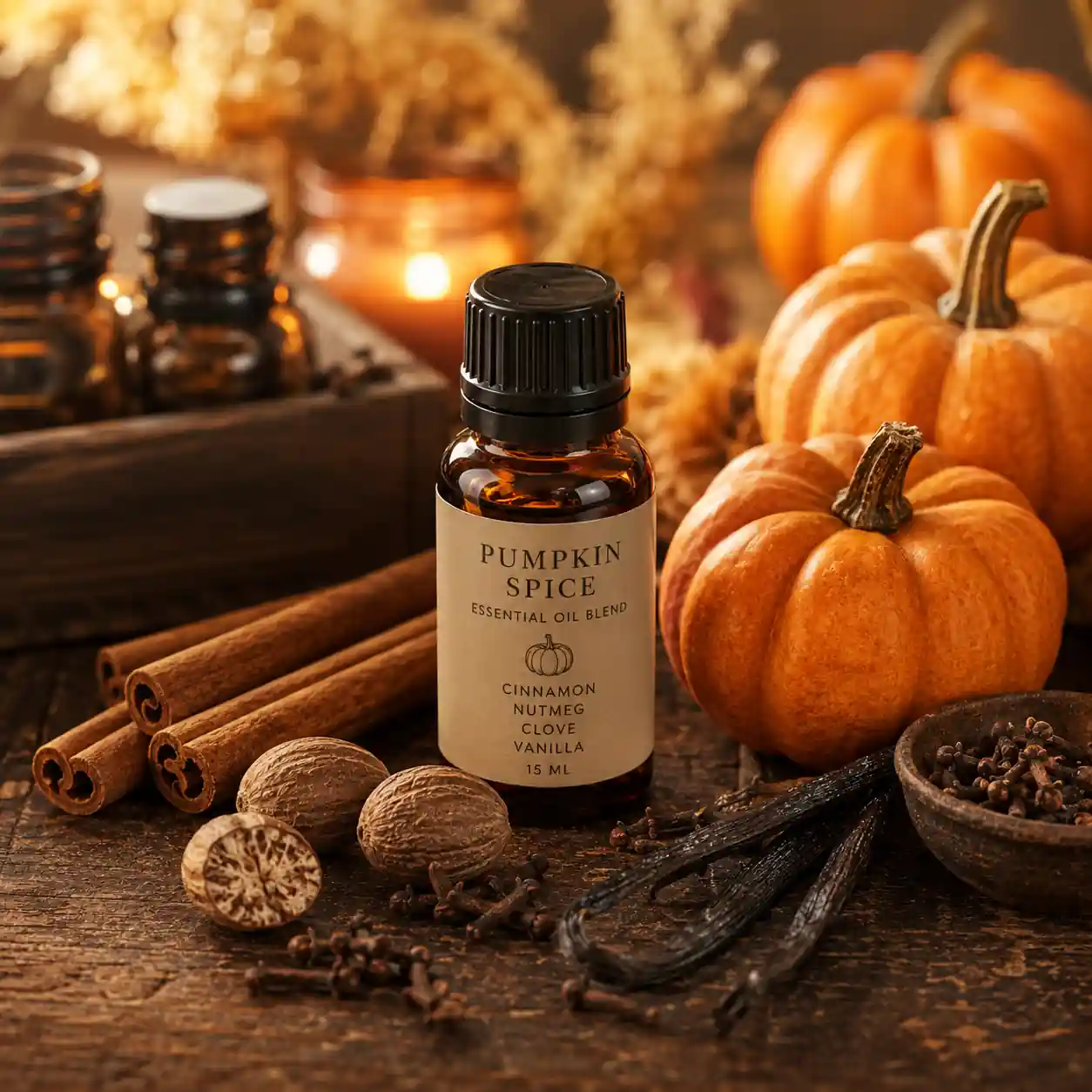 Pumpkin spice essential oil blend with pumpkins, cinnamon sticks, vanilla, cloves, and amber oil bottles.