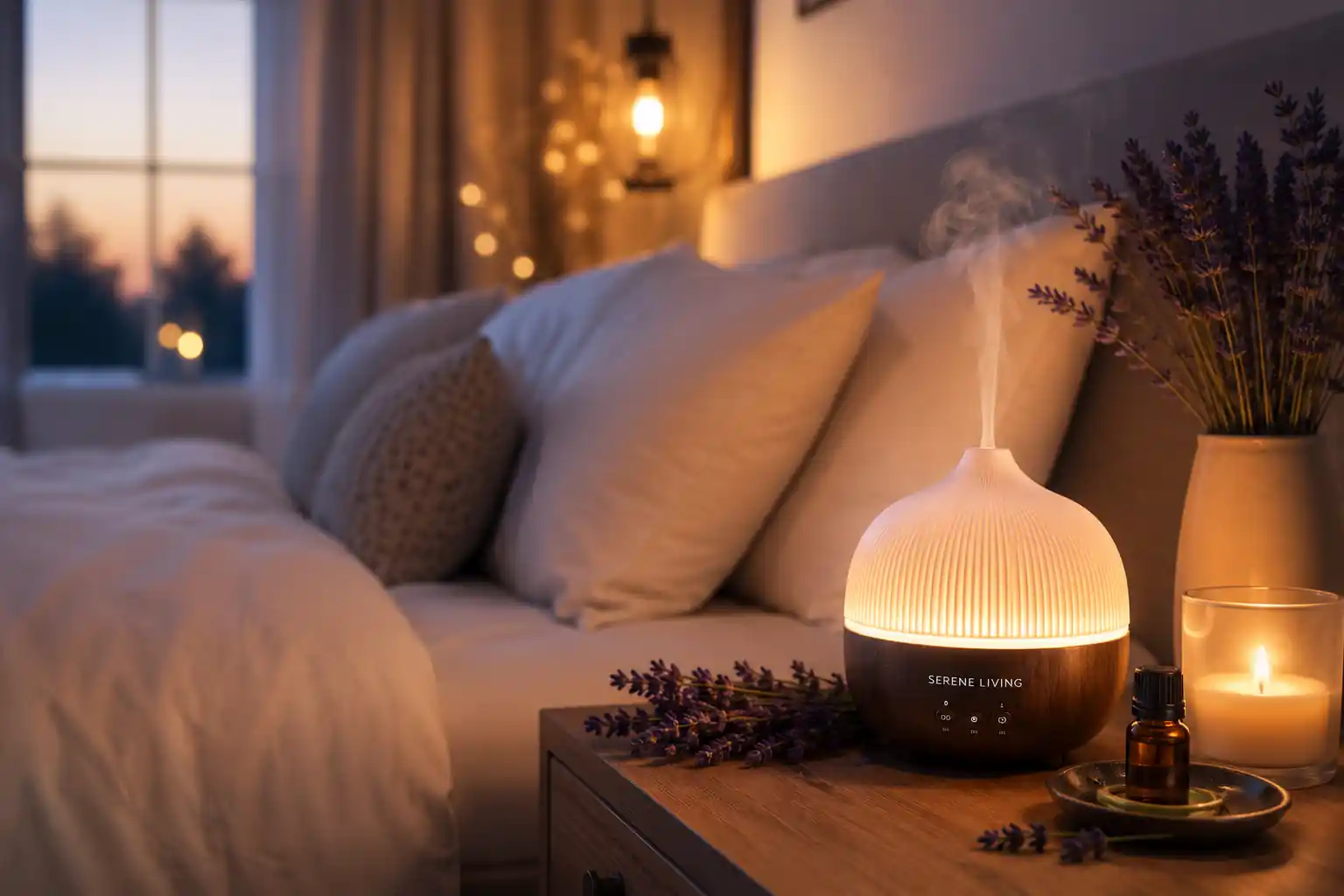 Bedtime aromatherapy setup using a relax essential oil blend for a calming nighttime routine.