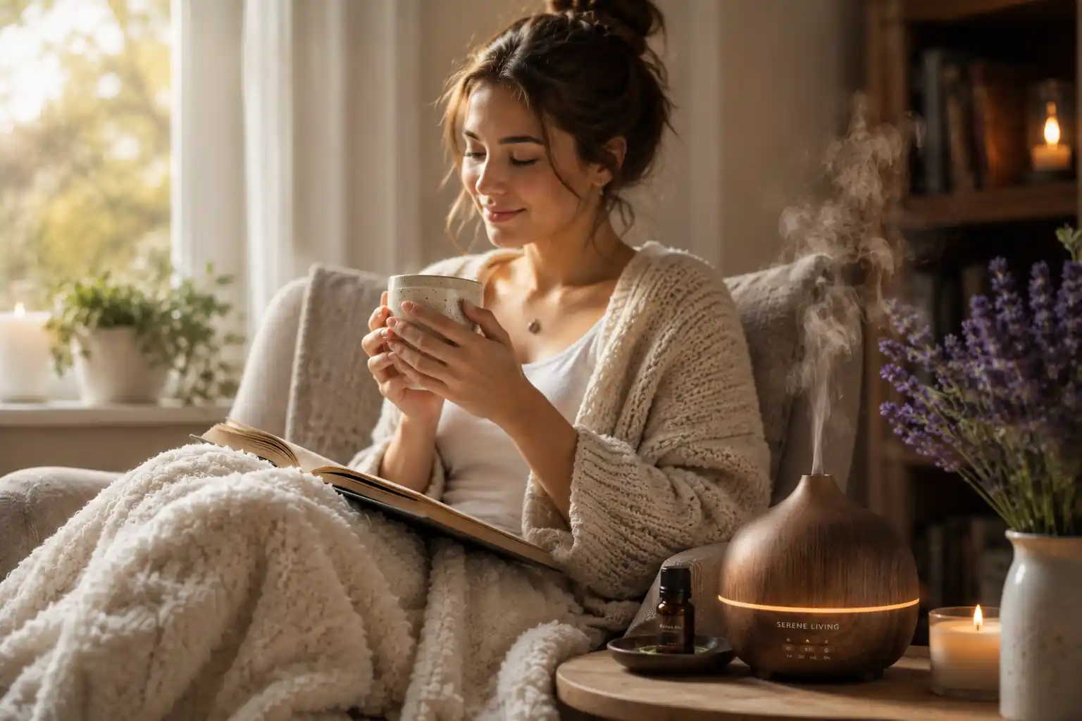 Woman enjoying a relaxing aromatherapy routine with a relax essential oil blend and diffuser.