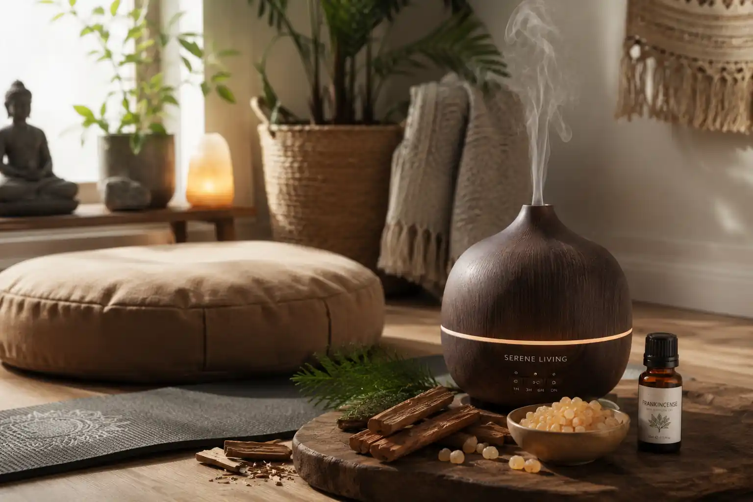 Meditation space enhanced with a relax essential oil blend containing frankincense and cedarwood.
