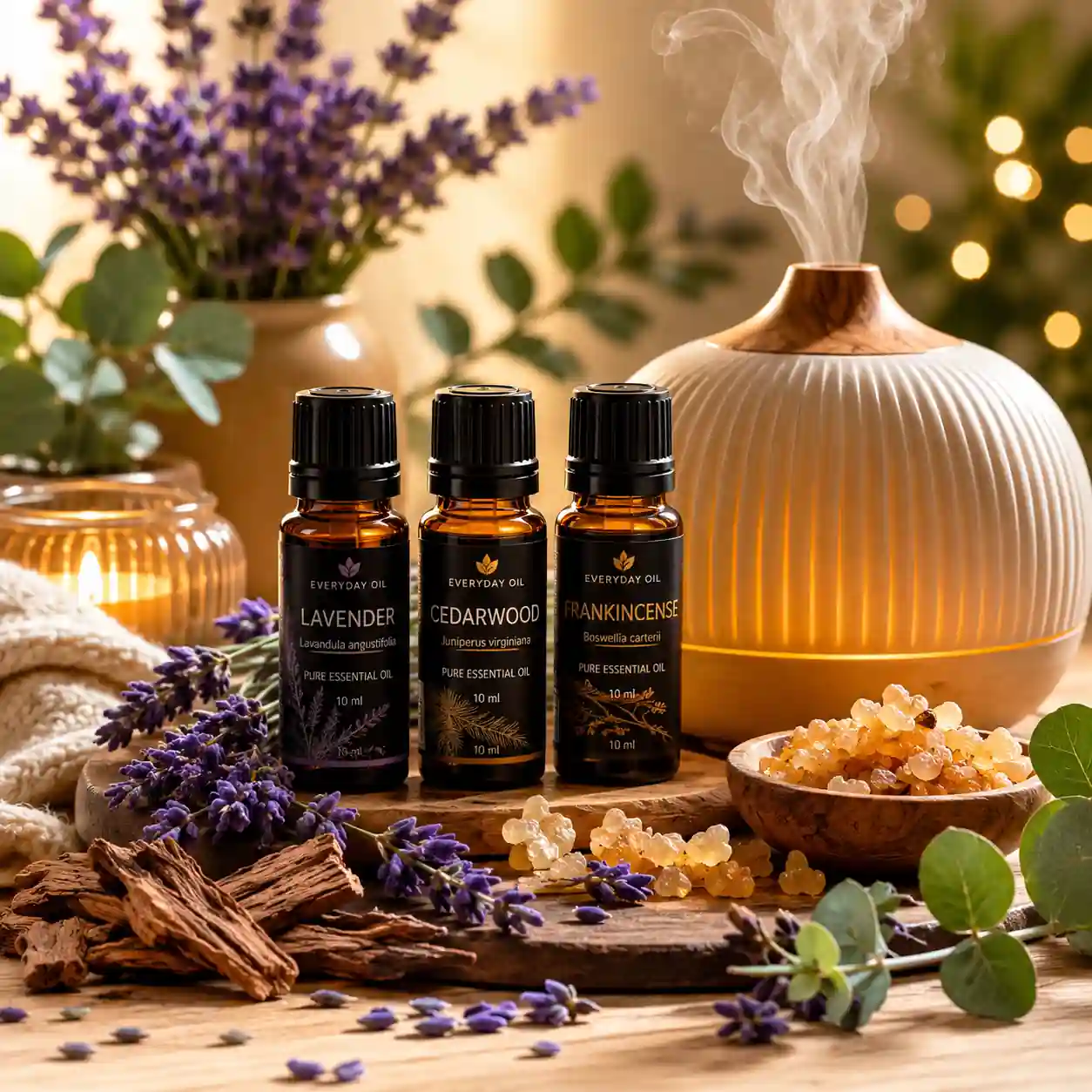 Spa essential oil blend with lavender, frankincense, and geranium oils in a premium wellness-inspired setting