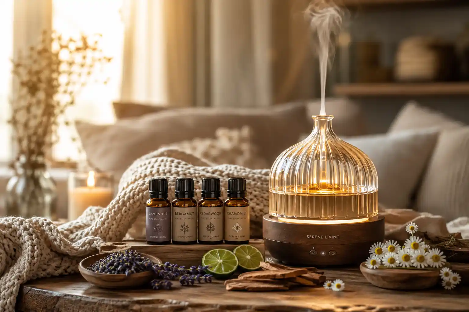 Relax essential oil blend diffuser with lavender, bergamot, chamomile, and cedarwood creating a peaceful aromatherapy atmosphere.