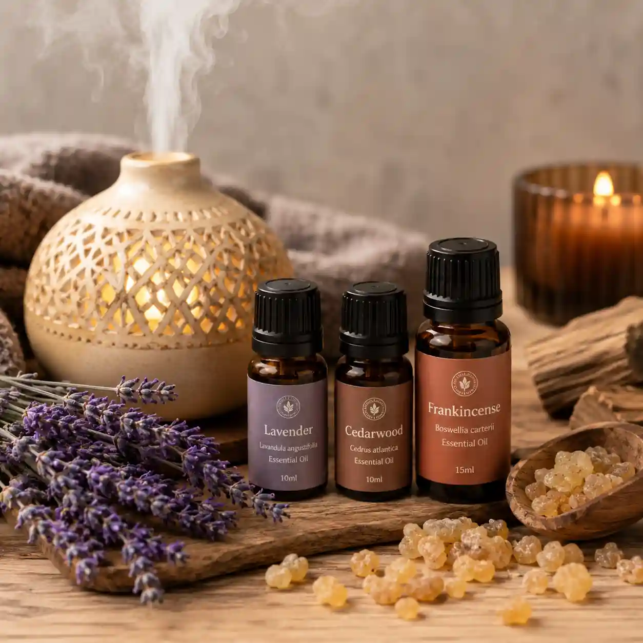 Relax essential oil blend featuring lavender, cedarwood, and frankincense oils arranged beside a diffuser for relaxation