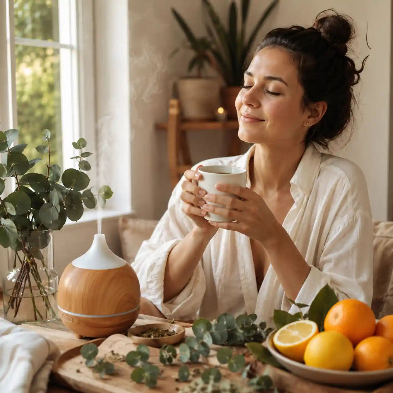 Woman enjoying an aromatherapy wellness ritual with an immunity essential oil blend and herbal tea.