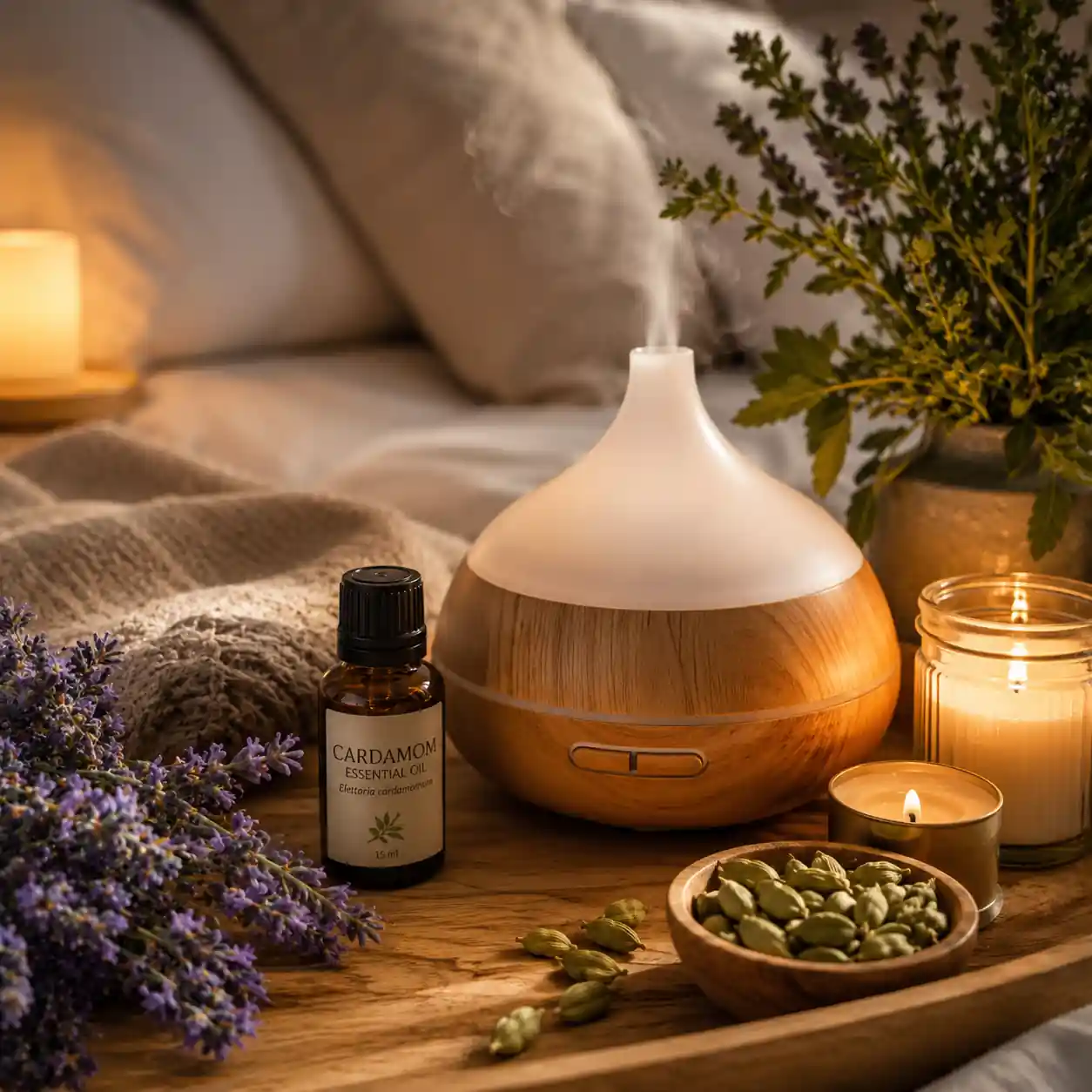 Cardamom and lavender essential oil diffuser blend creating a relaxing evening spa atmosphere with candles and soft lighting.