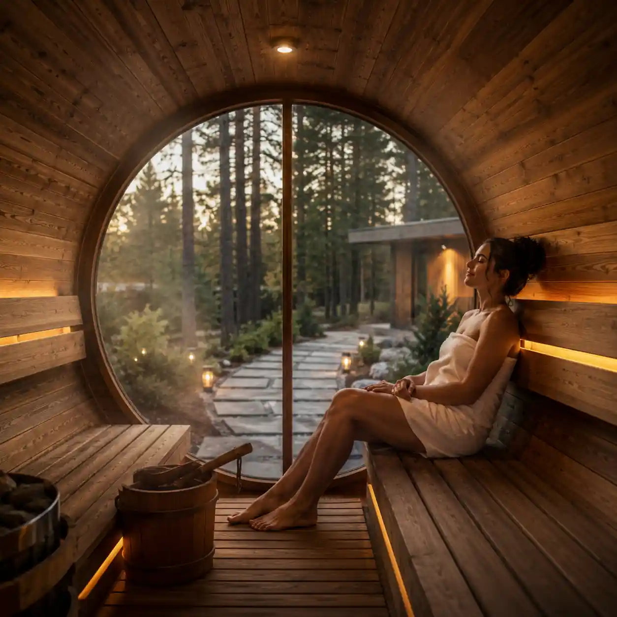 Person relaxing inside a traditional barrel sauna