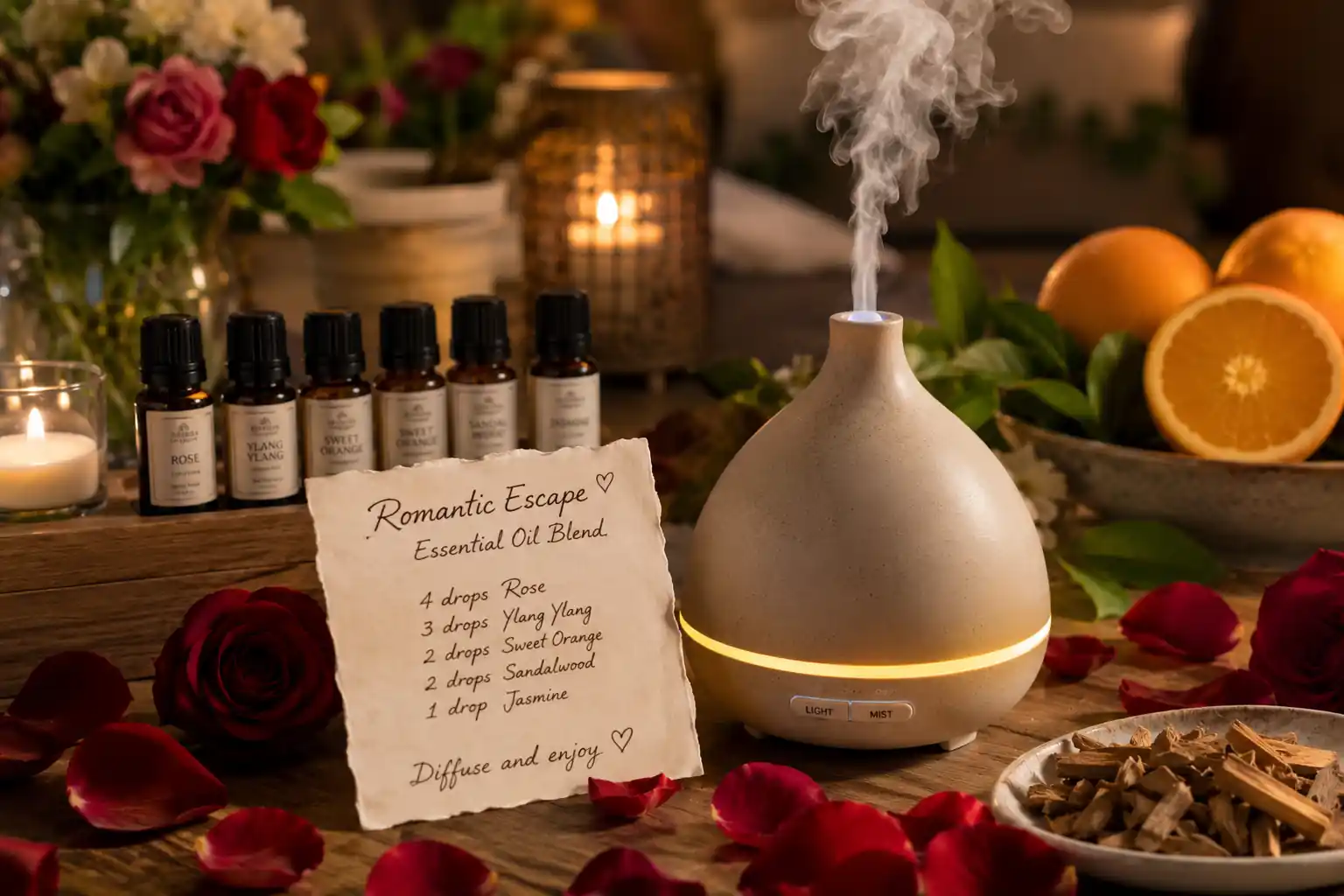 Essential oil diffuser with rose petals, orange slices, and a romantic aromatherapy blend recipe for creating a cozy atmosphere.