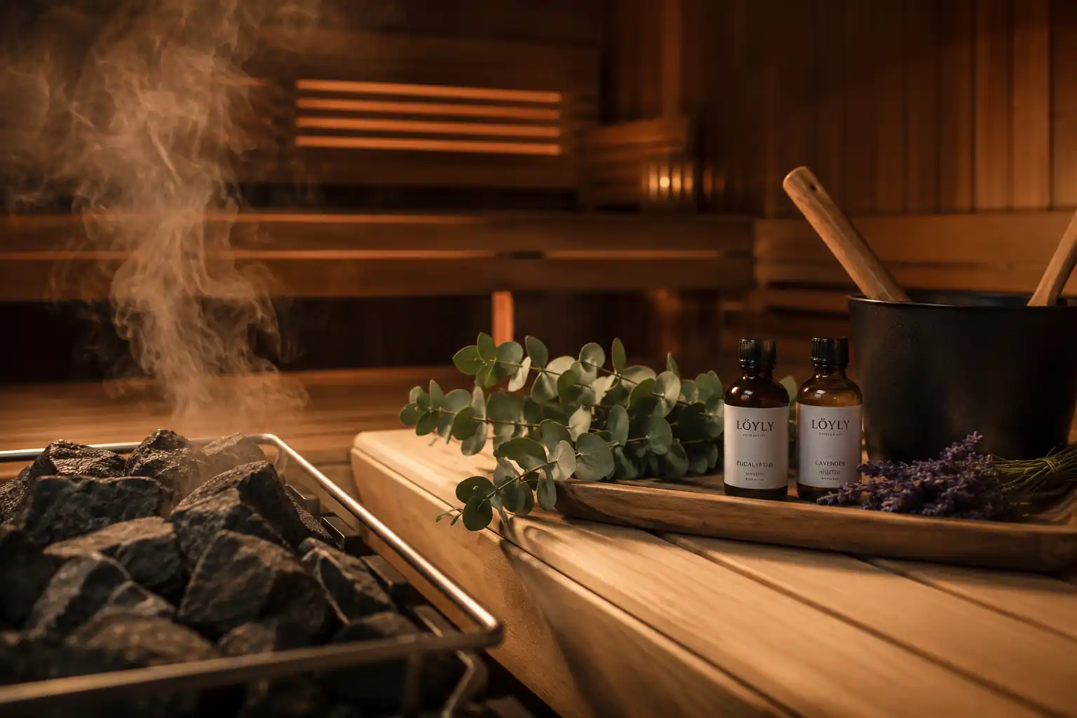 Cedarwood and pine sauna aromatherapy oils creating a natural forest-inspired sauna experience