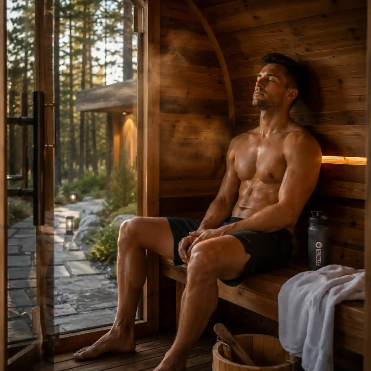 Athlete using a barrel sauna for post-workout recovery