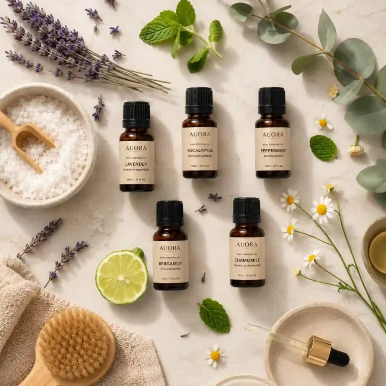 Home spa aromatherapy setup with essential oils candles and diffuser creating a relaxing wellness experience