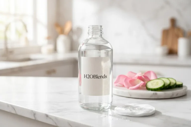 Micellar water for cleansing and hydration with cotton pads and skincare essentials